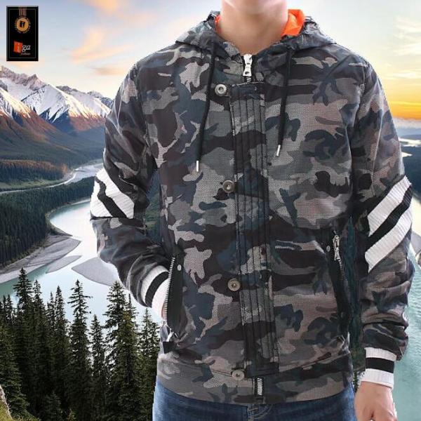 ウィンドブレーカー ライン マウンテン パーカー ジップアップ 迷彩 カモフラ 黒 XL大きいサイズ...