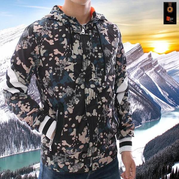 ウィンドブレーカー ライン マウンテン パーカー ジップアップ 迷彩 カモフラ 黒 XL大きいサイズ...