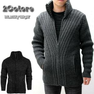ニットジャケット スタンドカラー ハイネック 厚手 ローゲージ メンズ 黒グレー 秋/冬 厚地 ウール混　Vモチーフ｜bin-1