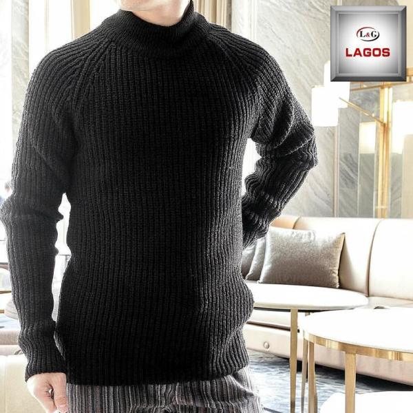 ハイネック セーター ニット メンズ 厚手 ローゲージ 大きいサイズも入荷　白黒　リブニット