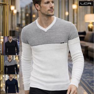 Vネック セーター ニット メンズ オフ白/幾何学模様 : BIN-1 LIMITED