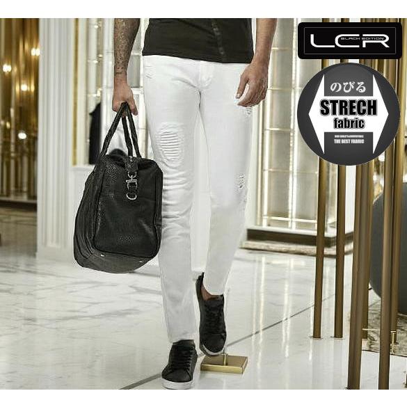 スキニーデニム スーパースキニー ストレッチ メンズ 白黒 クラッシュ ダメージ 31〜38インチ ...