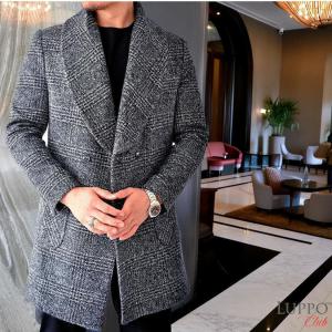 blank　ダブルブレスト ロングコート ツイードグレー系ダメージ加工　サイズ0 韓国ファッション ダブルコート メンズ ロング コート 無地 ウール混紡