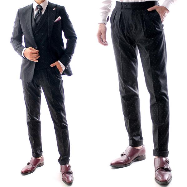 スラックス スキニー スリム メンズ ツータック 黒/水玉/ドット/ストライプ 秋/冬/春 ジャケパ...