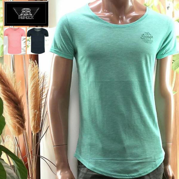 Ｔシャツ　メンズ　無地　ワンポイント　スラブ　ピンク　ライムグリーン　白　紺
