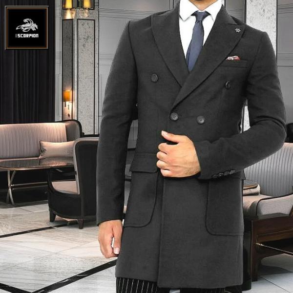 チェスターコートメンズ　ダブルブレスト コート メンズ ハーフコート 黒 メルトンコート ピークドラ...