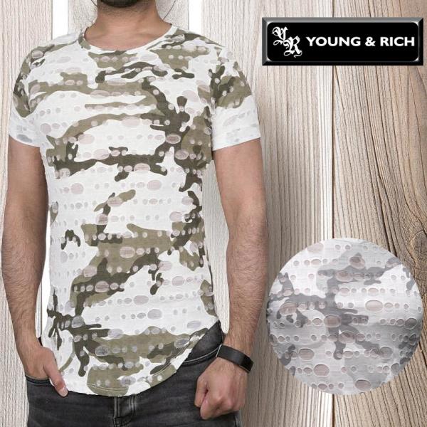 迷彩 カモフラ Tシャツ メンズ 半袖 ラウンドヘム　チュニック 白グレー カーキ タイト　細身 ク...