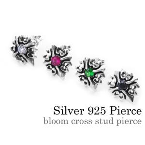 ピアス メンズ レディース シルバー925 クロス 十字架 czダイヤモンド ジルコニア 黒 赤 緑...