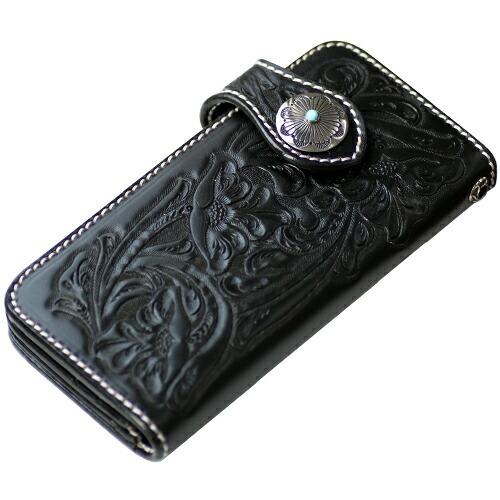 フラワーカービングブラックレザーウォレット 牛革財布 長財布 メンズ 本革
