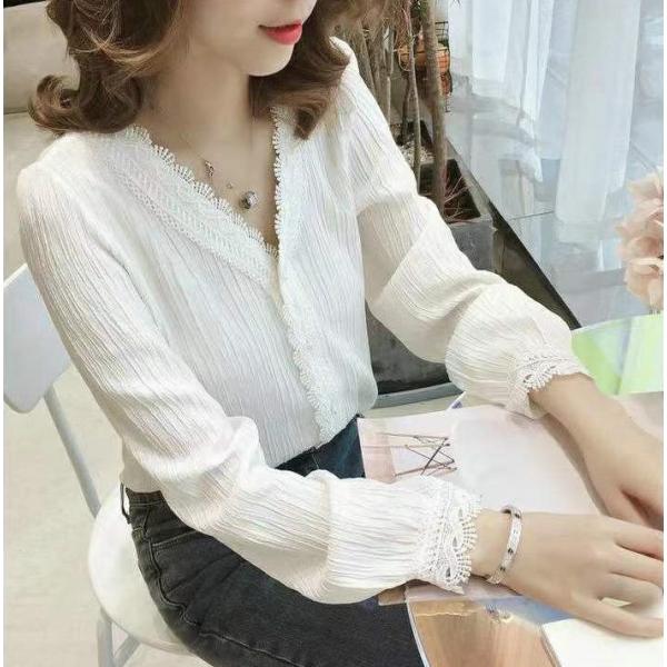 24時間内発送ブラウス レディース シャツ 長袖 ブラウスシャツ 白 レース Vネック ホワイト ス...