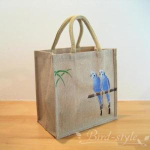 インコ　鳥柄　雑貨/セキセイインコのジュートバッグ　ブルー