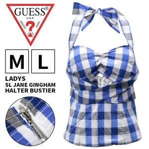 ゲス レディース トップス GUESS W62H56W7F90 SL JANE GINGHAM HALTER BUSTIER | ギンガム チェック ホルター ビスチェ ストレッチ 伸縮 青 ブルー｜birigo