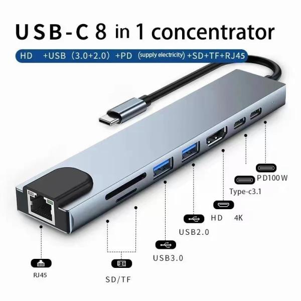 USB 8-in-1 Type-C ハブ アダプター 4K HDTV対応 SD/TFカードリーダー ...