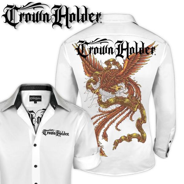刺繍入り長袖シャツ CH-010 白 フェニックス 茶 服 CROWN HOLDER ダンス B系 ...