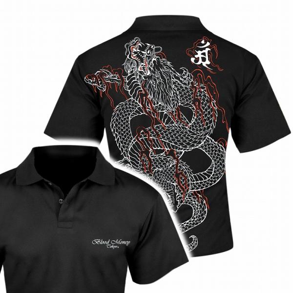 半袖 ポロシャツ 服 BLOOD MONEY TOKYO 龍 炎 梵字 和柄 mbt-23004 黒...
