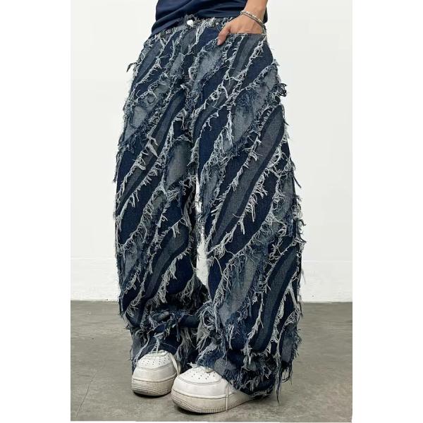 ダメージ加工 フリンジ ワイドジーンズ 037 ブラック デニム パンツ 太ズボン ヤクザ ヤンキー...