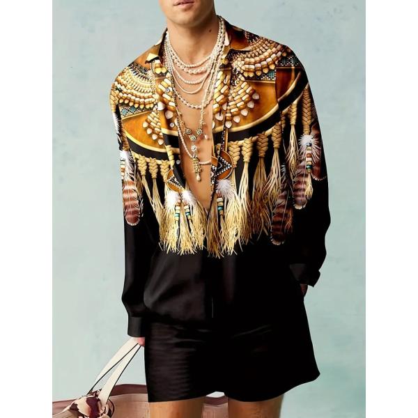 インディアンモチーフプリント 長袖 シャツセットアップ ジャージ 007 上下 白黒 部屋着 ヤクザ...