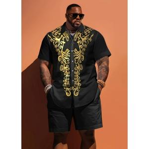黒ヒョウ柄 半袖シャツセットアップ ハーフパンツ 上下 062 ブラック