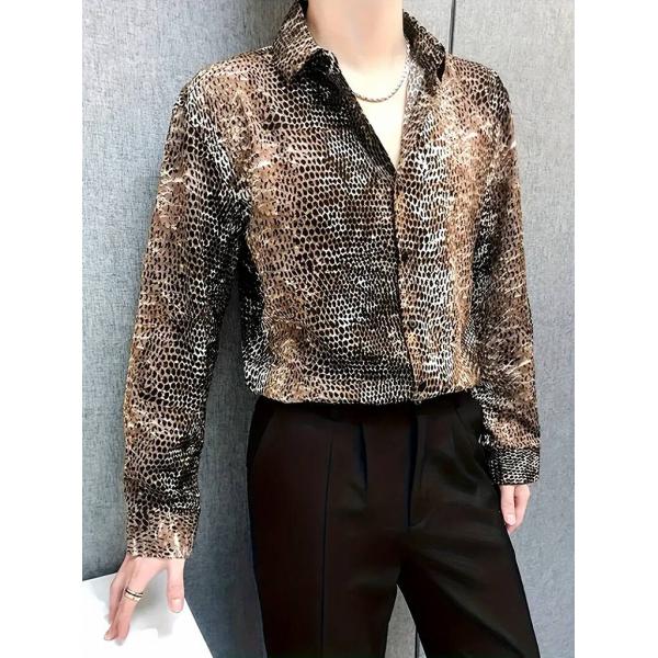 茶蛇柄 長袖シャツ 048 柄シャツ Yシャツ ドレスシャツ パイソン 総柄 ヤクザ ヤンキー オラ...