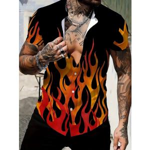 (5月下旬入荷) ファイヤーパターン 半袖シャツ 黒赤 065  派手 夏物 ストリート  B系 ヤ...