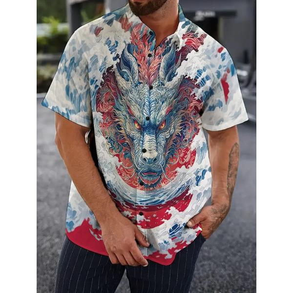 ドラゴン プリント 半袖シャツ ホワイト 088 派手 厚手 メッシュ生地 柄シャツ ヤクザ ヤンキ...