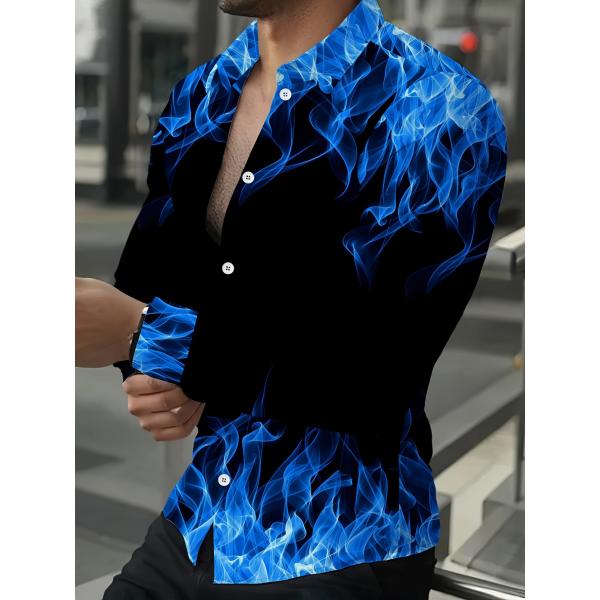 炎柄 長袖シャツ 166 青×黒 ドレスシャツ Yシャツ 柄シャツ スーツ ホスト ヤクザ ヤンキー...