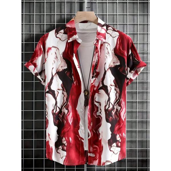 白赤マーブル総柄プリント 半袖シャツ アロハシャツ 320 柄シャツ ヤクザ ヤンキー オラオラ系 ...