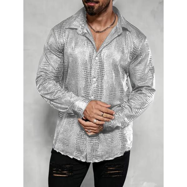 クロコ柄 箔プリント 長袖シャツ 336 シルバー ドレスシャツ Yシャツ 派手 柄シャツ スーツ ...