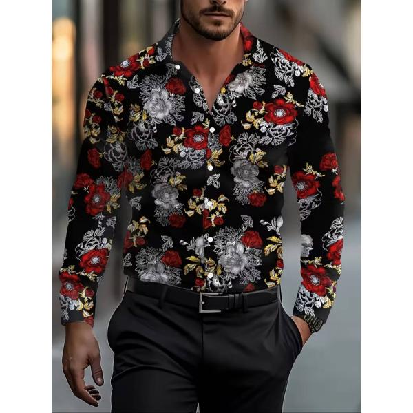 花総柄 プリント 長袖シャツ 352 黒 ドレスシャツ Yシャツ 派手 柄シャツ スーツ ホスト ヤ...