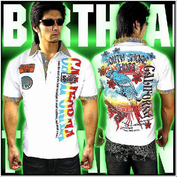 ポイント10倍 019白 お兄系&amp;サーフ系両面プリント半袖ポロシャツ ホワイト 系 ギャルオアメカジ...