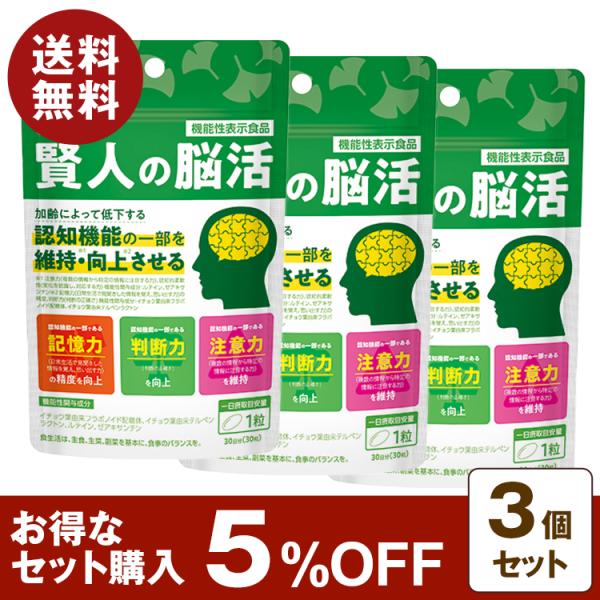 機能性表示食品 賢人の脳活 30粒 30日分 3個セット 5%OFF イチョウ葉由来 フラボノイド配...