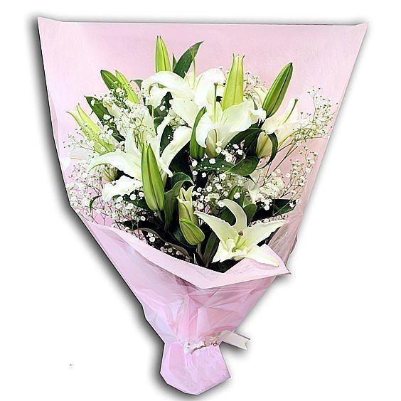 百合の花束 お供え お悔やみ ユリ 花 洋風 花束 フラワーアレンジメント 大輪ユリ 5本 白/ピン...