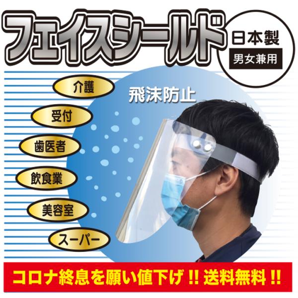 送料無料 !! 日本製 フェイスシールド　10枚セット（シールド10枚・ベルト10本）自社オリジナル...