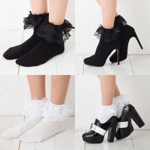 履き口レース サイドサテンリボン付き クルーソックス