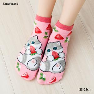 mofusand いちごパク柄 ピンク スニーカー丈ソックス 23-25cm 靴下 レディース モフサンド ネコ wi-msl752001-024 D1PKの商品画像