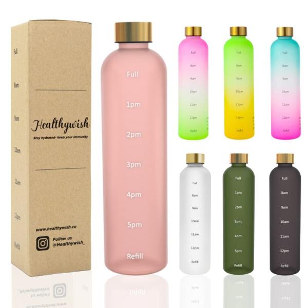 Healthywish タイムマーカー付きウォーターボトル 1リットル 水筒 1000ml スリムで...