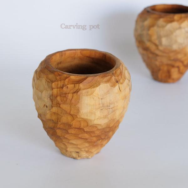 Carving pot stem おしゃれ 鉢カバー 木製