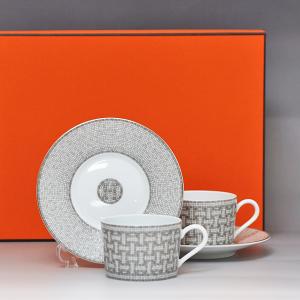 2客セット エルメス HERMES モザイク24 ティーカップ＆ソーサー コーヒーカップ PLATINUM 160ml 陶器 装飾 035016｜bjkyoto