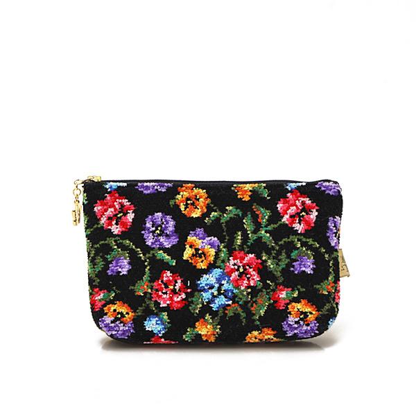 フェイラー Feiler シュニール織 コットン 化粧ポーチ/コスメポーチ 花柄 ブラック基調 [レ...