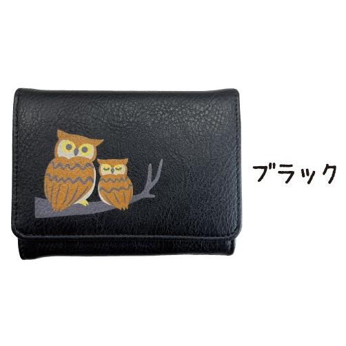 財布 レディース 二つ折り 合成皮革 ふくろうプリント コンパクト カード 札入れ