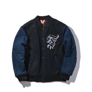 【FLATLUX　フラットラックス】　BACKDOOR VARSITY JACKET(OBSIDIAN)　スタジャン　スタジアムジャケット　ストリート　オーバーサイズ｜blackannyfujisawayh