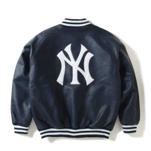 FANATICS　 MLB NEW YORK YANKEES PU LEATHER STADIUM JACKET(NAVY) 　ニューヨーク ヤンキース　バーシティジャケット　スタジャン　レザー　ネイビー　KANJI