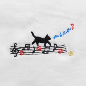 猫と音譜の刺繍入りオリジナルTシャツ　6.2オンス　男女兼用　プレゼント　お揃い｜blatt-shisyu