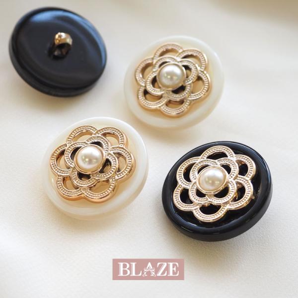 2個入り プラスチック ボタン 25mm ゴールド フラワー パール ホワイト ブラック BLAZE...