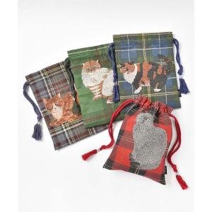 猫デザインのチェック巾着ポーチ