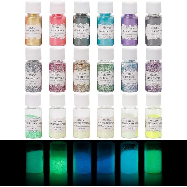 SEISSO 18本パウダーセット 6種マイカパウダー 6種夜光スパンコール 6種夜光砂 天然 カラ...