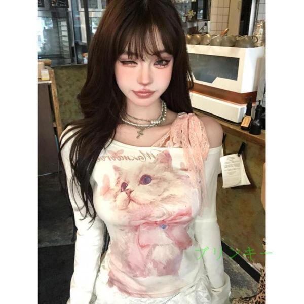 長袖Tシャツ レディース 猫柄 カットソー オフショルダー ロンT Y2K サブカル系 地雷系 レー...