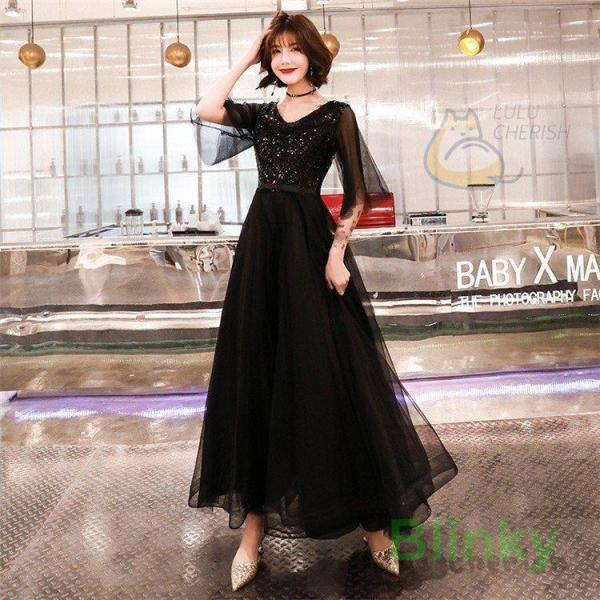 ロングドレス 演奏会 パーティードレス ブラックドレス レディース 結婚式 ドレス ワンピース Vネ...