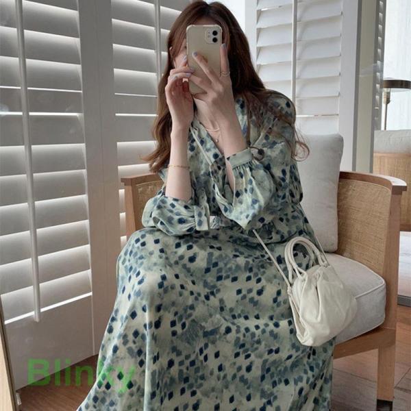 ワンピース ロング 夏半袖 花柄フレンチ Vネック ロング フレアマキシ丈 シフォン 韓国 ゆったり...