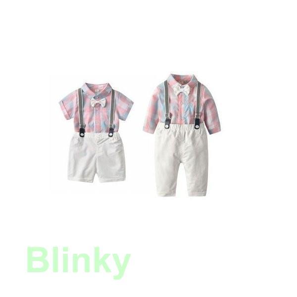 ベビー サロペット ロンパース 男の子 ベビー服 シャツ パンツ セットアップ 格子 ちょう結び 可...